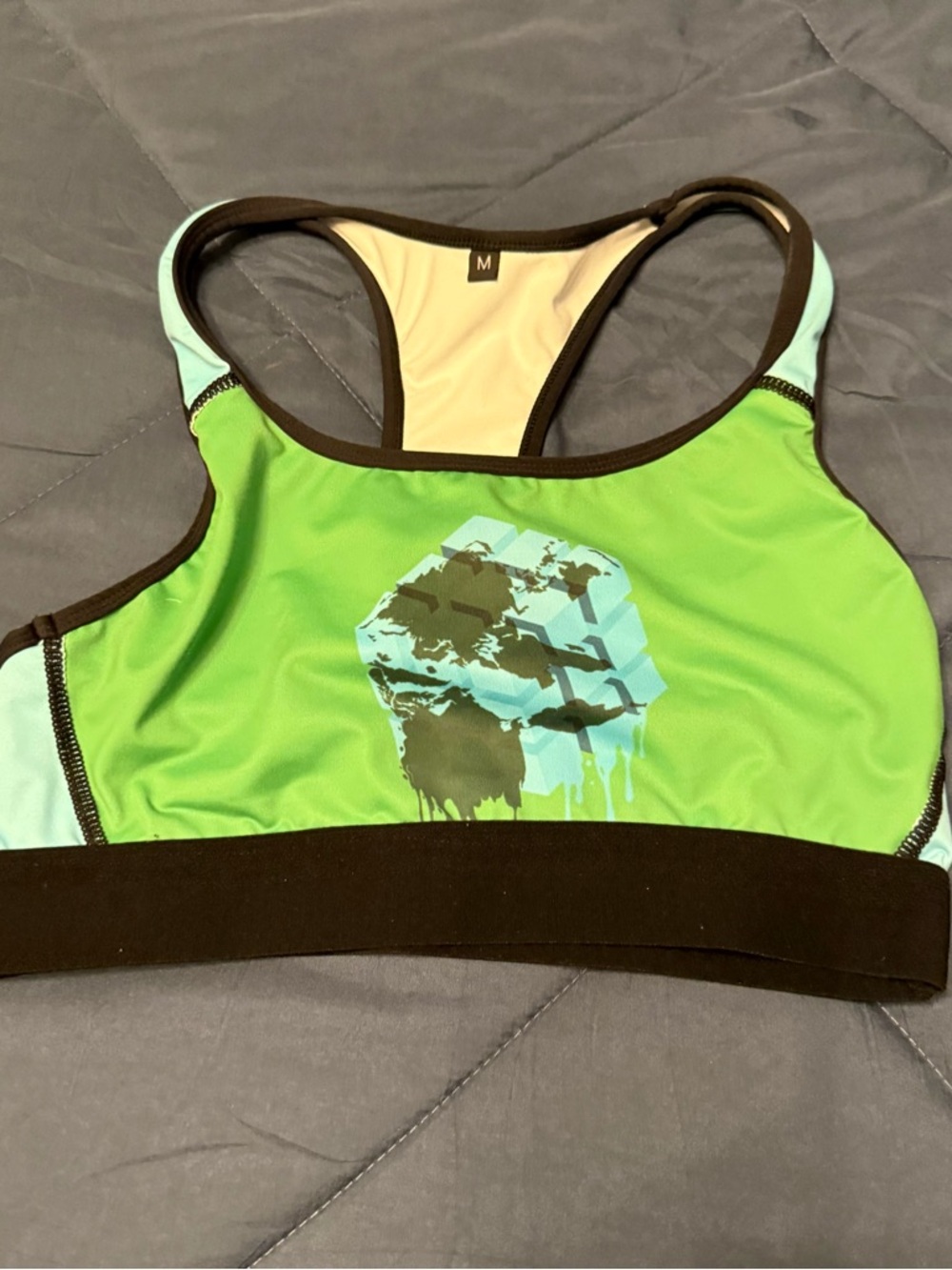 Medium Green & Light Blue Sports Bra with Black Trim